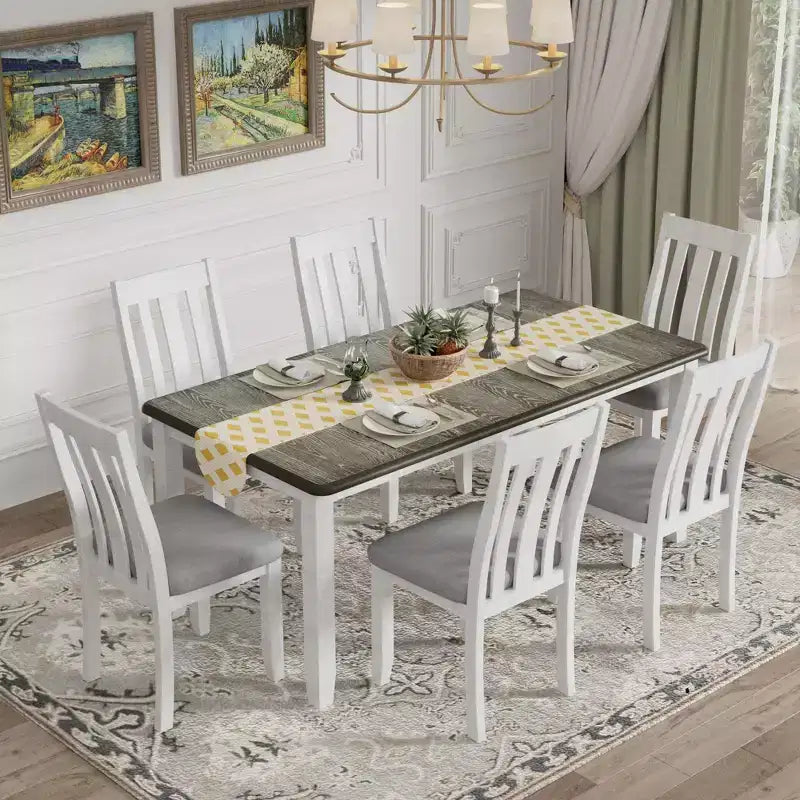 Uitschuifbare eethoekset in landelijke stijl voor 6 personen, rechthoekige tafel en 6 gestoffeerde stoelen