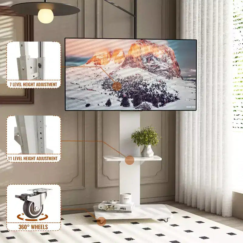 TV-meubel voor tv’s van 32-75, in hoogte verstelbare mobiele tv-wagen met lade en wielen voor de woonkamer, slaapkamer en kantoren -ModernLuxe