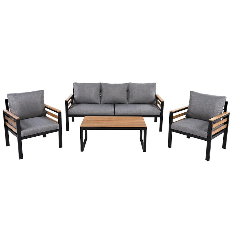 4-delige loungeset voor buiten voor 5 personen met salontafel van massief hout en afneembare kussens