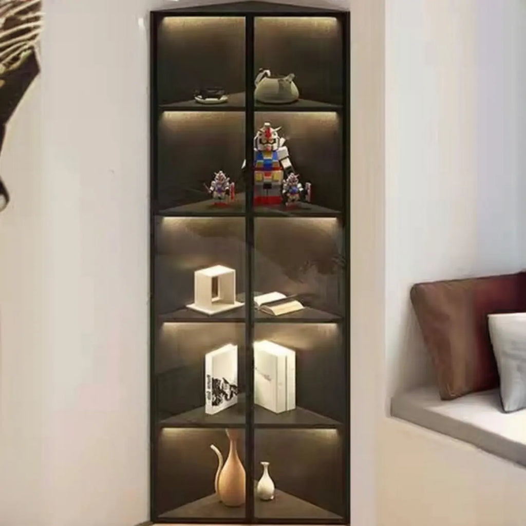 Vitrine d'angle moderne en métal et bois gris avec porte vitrée
