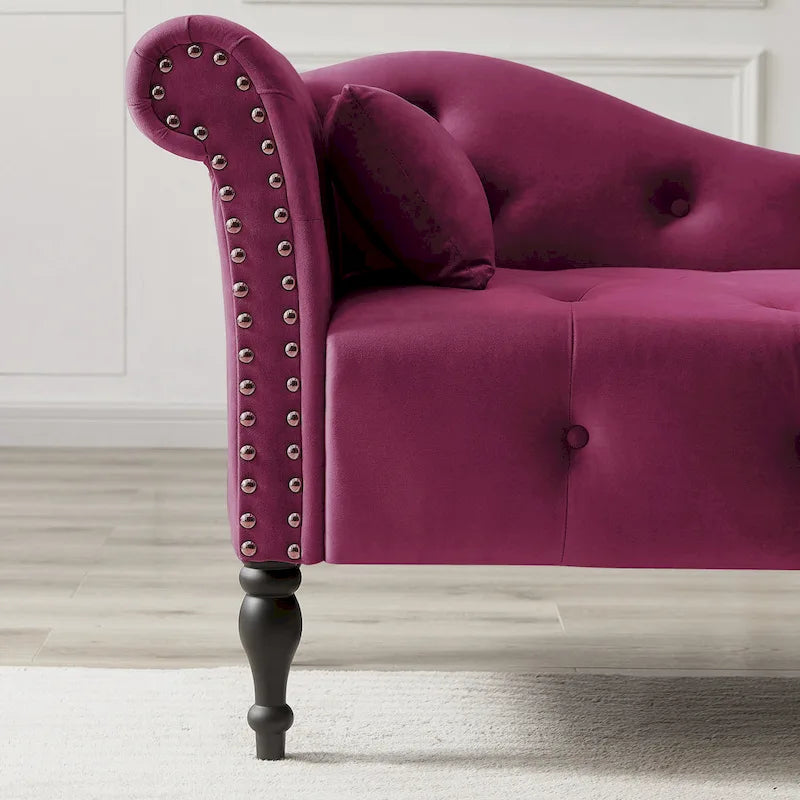 Moderne Chaiselongue, 60.6, mit Samtbezug, Knopfheftung, Beinen aus Massivholz und Ziernägeln