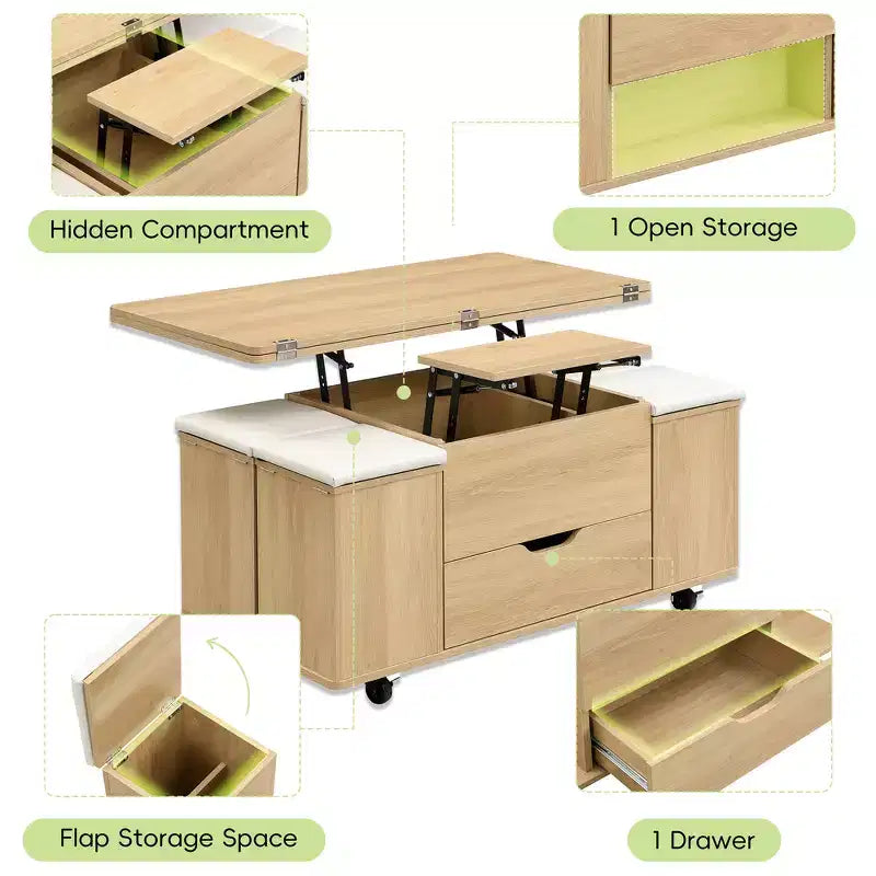 Multifunktionaler moderner Couchtisch mit Hubplatte und verstecktem Stauraum, 4 Hockern und Rollen, perfekt für moderne Wohnräume