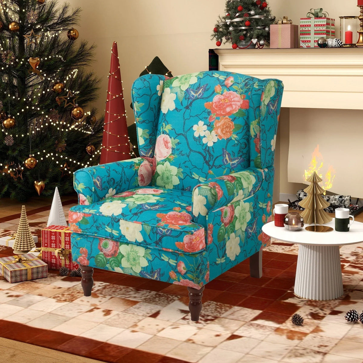 Erommy moderne fauteuil, fauteuil met hoge rugleuning, gestoffeerde eenzitsbank met knopen en houten poten voor de woonkamer