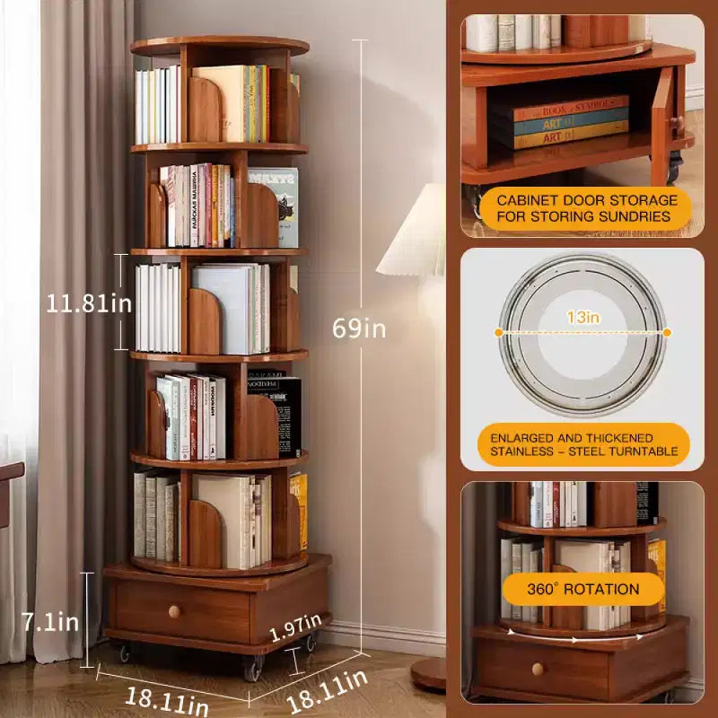 Chic Crate 6-stufiges, um 360° drehbares Eckbücherregal mit Rollen, schmales Bücherregal für kleine Räume, walnussbraun