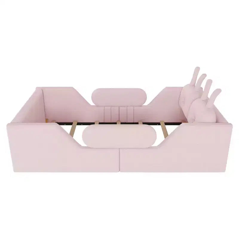 Lit plateforme simple Whisen, cadre de lit rembourré pour enfant au ras du sol avec coussin lapin et barrières latérales amovibles