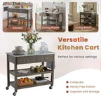 Verrijdbare keukentrolley met marmeren blad, kookeiland van massief hout met 2 lades, keukentrolley met 3 niveaus, vergrendelbare afneembare wielen en handdoekrek