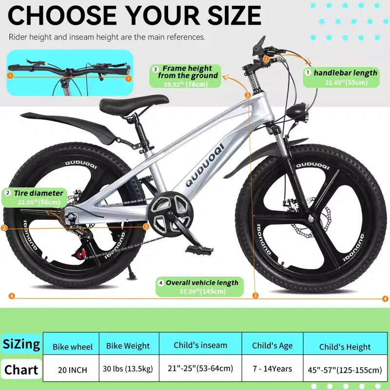 NAYSAYE mountainbike voor kinderen van 20 inch met 7 versnellingen en frame van magnesiumlegering, voor jongens en meisjes van 8-12 jaar, 57.09*21.65*29.92