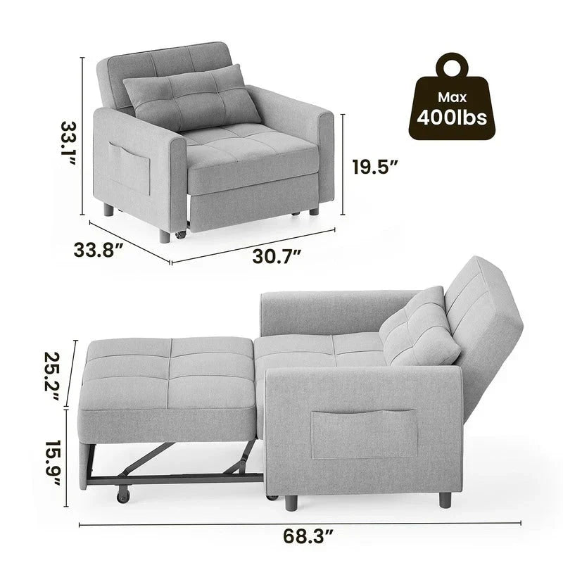 Canapé-lit convertible 3 en 1 avec réglage ajustable, fauteuil-canapé avec lit escamotable, lit pliant convertible pour le salon