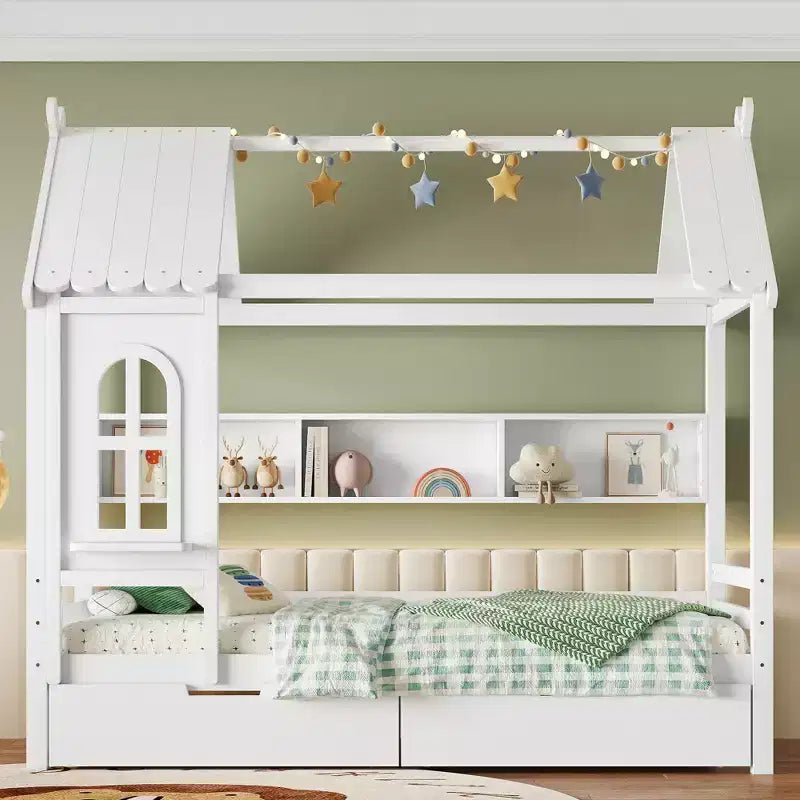 Huisbed met opberglades en raam, frame van massief hout met planken, speels kinderontwerp, lichtwit