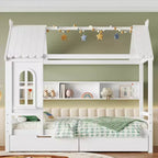 Huisbed met opberglades en raam, frame van massief hout met planken, speels kinderontwerp, lichtwit