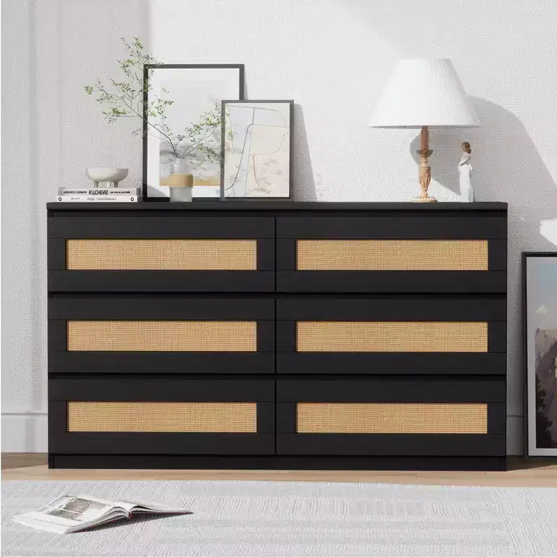 Rattan-Kommode fürs Schlafzimmer mit 6 Schubladen, 47 breite Kommode im modernen Landhausstil, Holz-Aufbewahrungsschrank und Organizer für Kleiderschrank, Wohnzimmer und Flur
