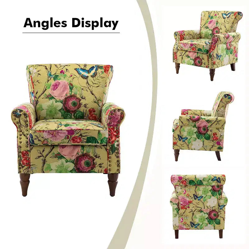 Araceli traditionele houten fauteuil met bloemenstof, hoge rugleuning met vleugels en siernagels| ART OF LIVING DESIGNS