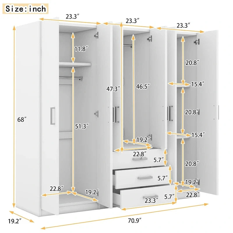Houten kledingkast met 6 deuren en 3 grote laden voor de slaapkamer