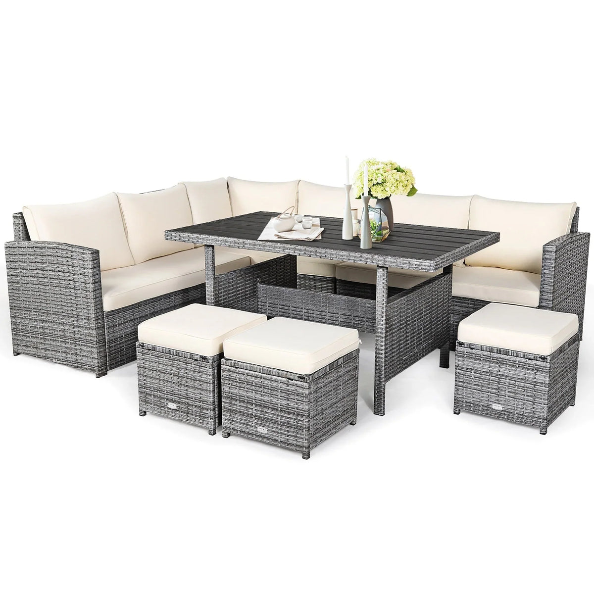 Costway 7-delige diningset van rotan voor het terras, modulaire bank, sofa en voetenbank - bekijk de details