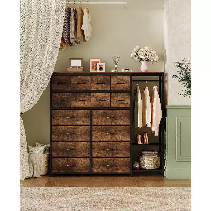 Kommode mit 16 Schubladen, Kleiderstange und Regalen, Stoff-Aufbewahrungsorganizer für Schlafzimmer, Kleiderschrank oder Eingangsbereich