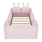 Lit plateforme simple Whisen, cadre de lit rembourré pour enfant au ras du sol avec coussin lapin et barrières latérales amovibles