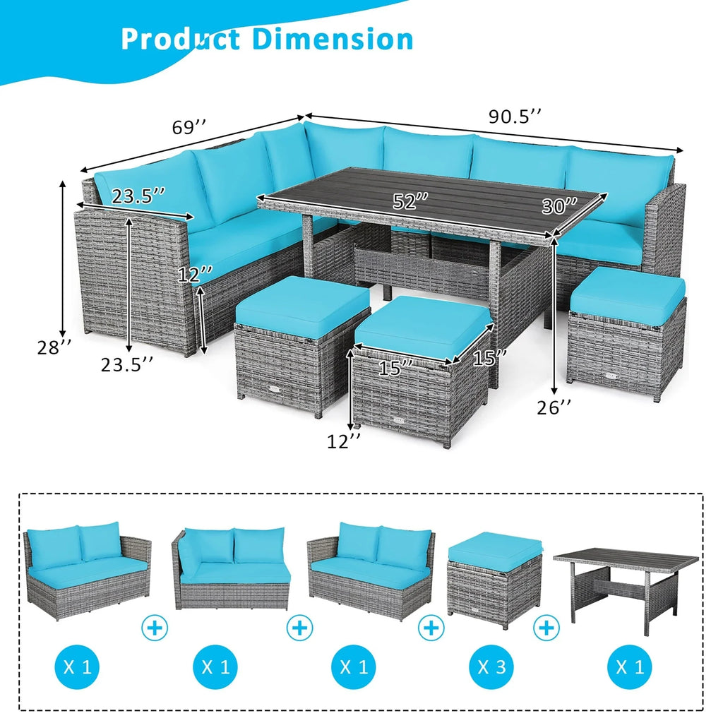 Costway 7-delige diningset van rotan voor het terras, modulaire bank, sofa en voetenbank - bekijk de details