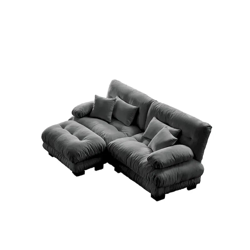 L-vormige loveseat, hoekbank van chenille met lendenkussens