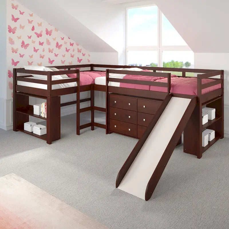 Doppeltes Schlafzimmer-Set mit zwei L-förmig angeordneten Hochbetten und Rutsche in dunklem Cappuccino