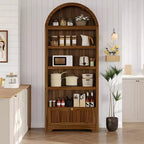 Bibliothèque arquée de 72 pouces avec tiroir de rangement, meuble vitrine moderne en bois à 6 niveaux avec étagères ouvertes et tiroir inférieur, porte d’armoire incurvée