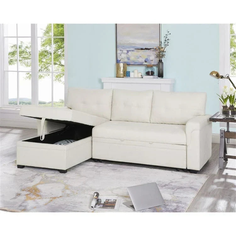 Canapé d’angle convertible et réversible avec lit escamotable, méridienne avec rangement dissimulé et pieds robustes