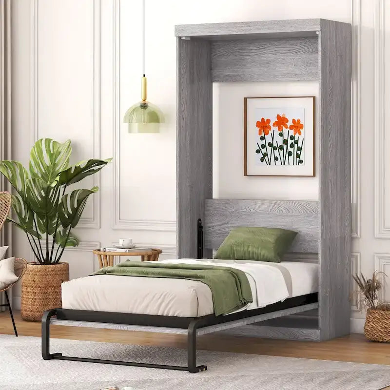 Lit escamotable pour deux personnes, peut se replier dans une armoire, gris