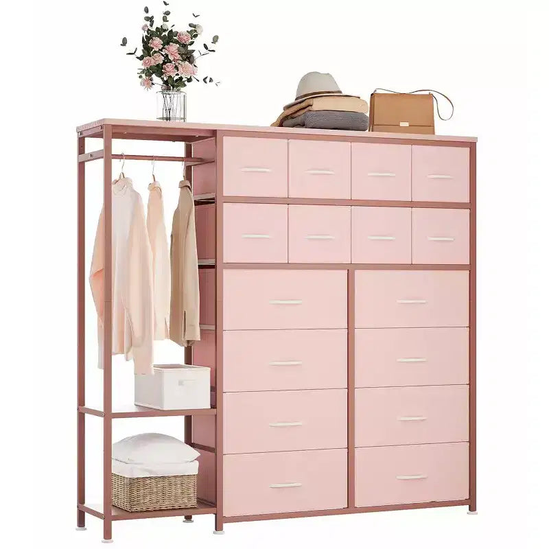 Kommode mit 16 Schubladen, Kleiderstange und Regalen, Stoff-Aufbewahrungsorganizer für Schlafzimmer, Kleiderschrank oder Eingangsbereich