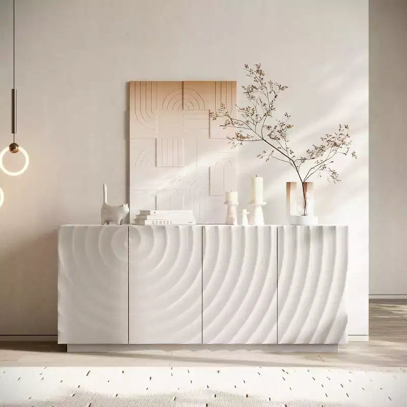 59 moderner Spiralen-Sideboardschrank, flacher kunstvoller Aufbewahrungsschrank für den Eingangsbereich mit Türen in 3D-Wellenoptik
