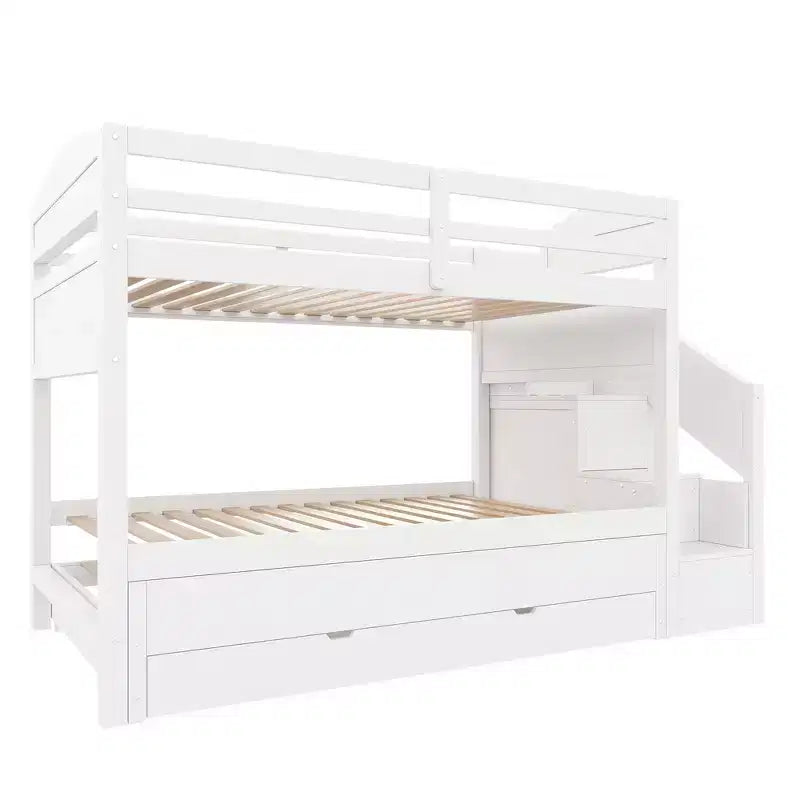 Whisen XL-Etagenbettgestell mit Ausziehbett, Etagenbett mit Stauraum, Etagenbett aus Massivholz, Stauraumtreppe, Kleiderschrank, 3 Schubladen, für Kinder