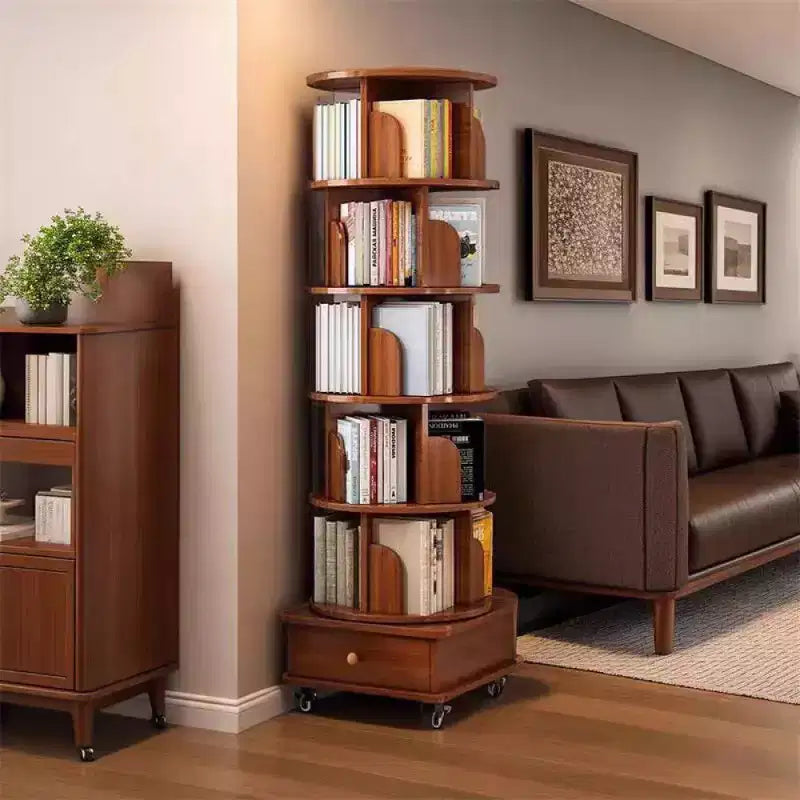 Chic Crate 6-stufiges, um 360° drehbares Eckbücherregal mit Rollen, schmales Bücherregal für kleine Räume, walnussbraun