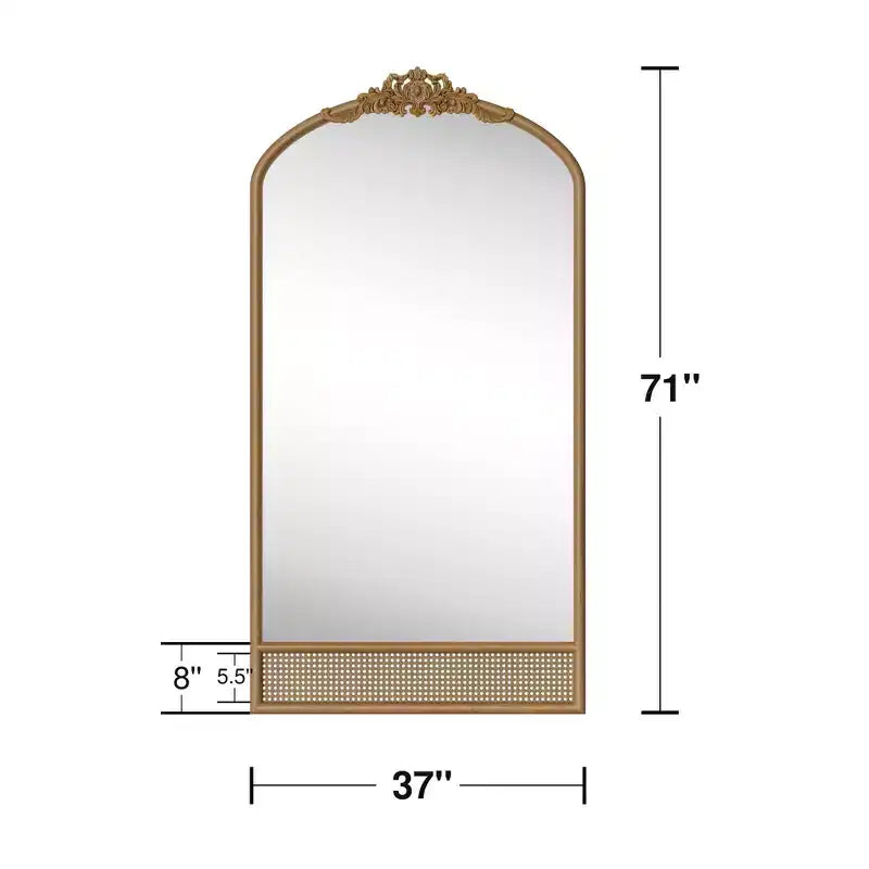 Miroir mural de 37 in. W x 71 in. H avec cadre en bois à arche classique sculptée et partie inférieure en rotin, marron