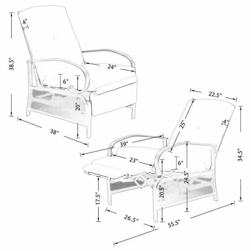 Verstelbare relaxfauteuil voor terras, loungebank met kussen - 38 (D) x 26.5 (W) x 38.5 (H) INCH