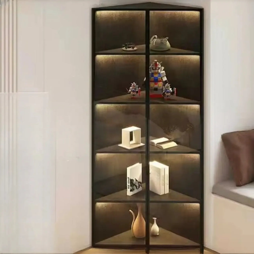 Vitrine d'angle moderne en métal et bois gris avec porte vitrée