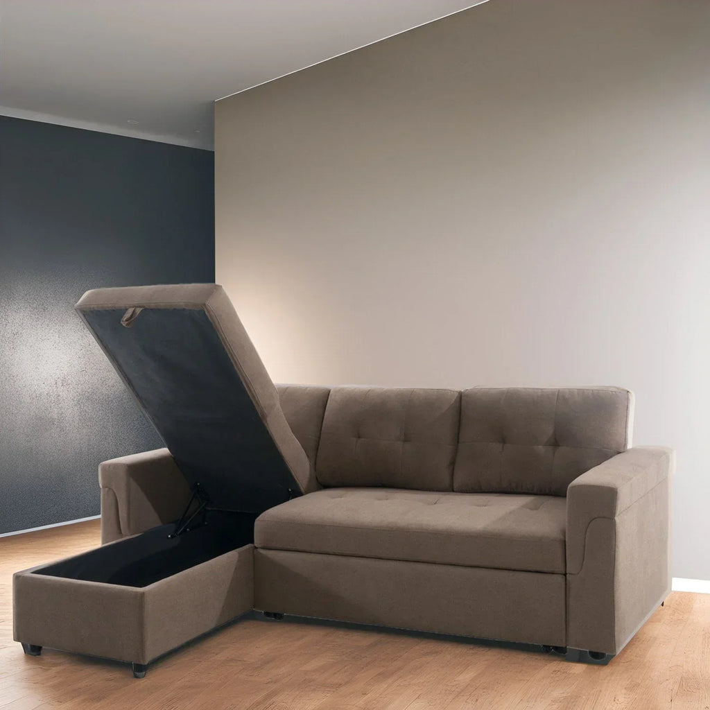Canapé d’angle convertible et réversible avec lit escamotable, méridienne avec rangement dissimulé et pieds robustes