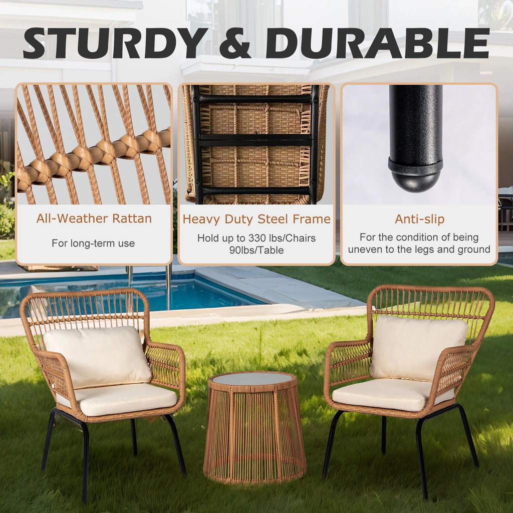 3-teiliges Outdoor-Bistroset aus Korbgeflecht, wetterfeste Rattan-Gartenmöbel mit Stühlen und Kissen