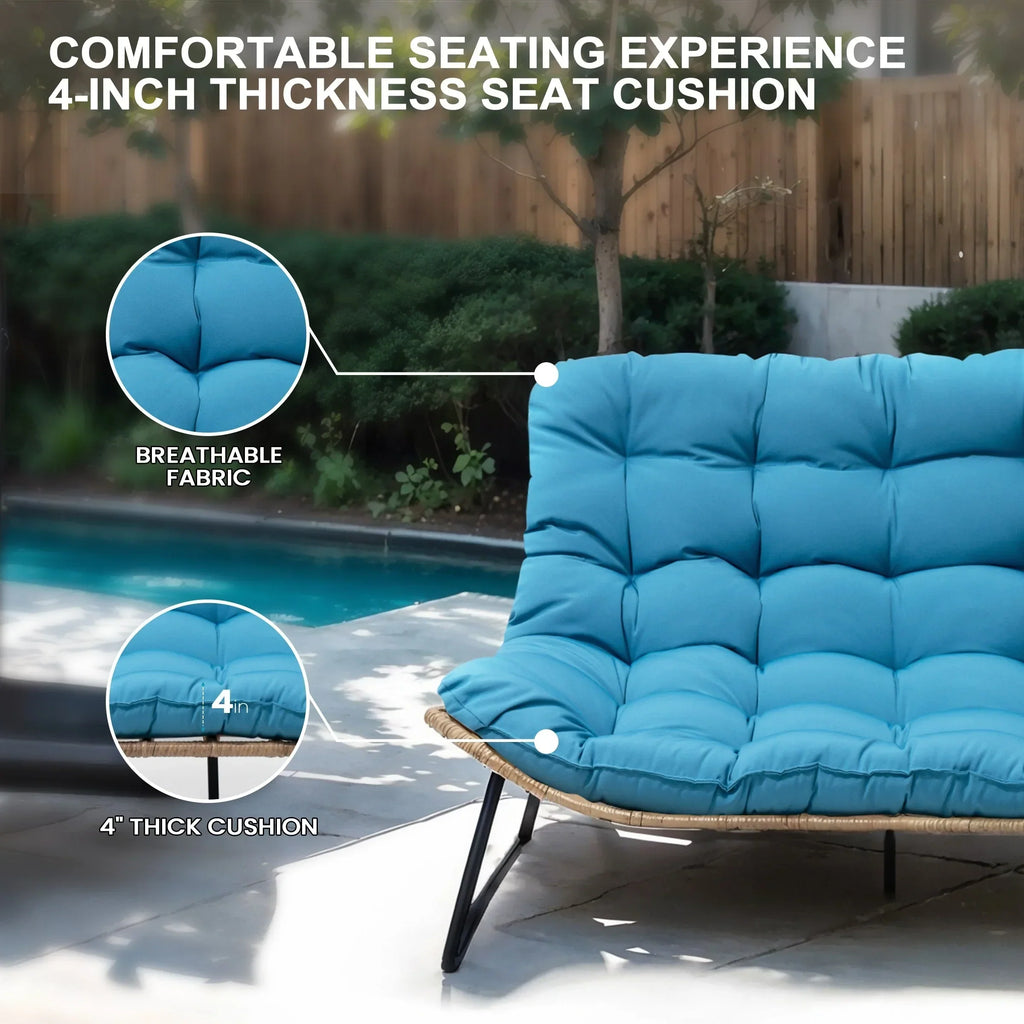 Dubbele papasan-loveseat met kussen, weerbestendig PE-rotan en metalen frame voor binnen en buiten