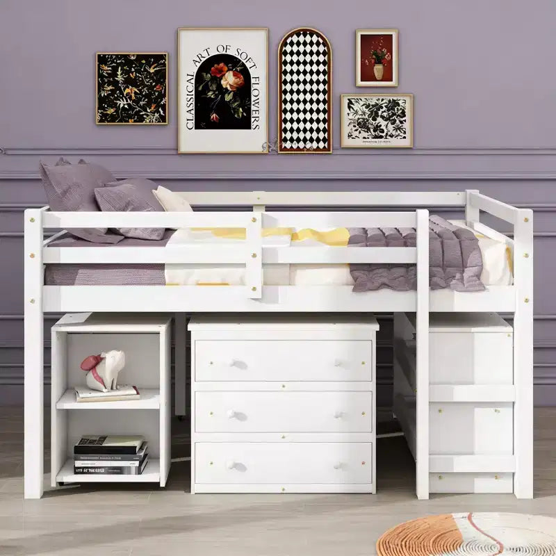 Lit mezzanine bas bas format double avec bureau coulissant, 3 tiroirs et étagères