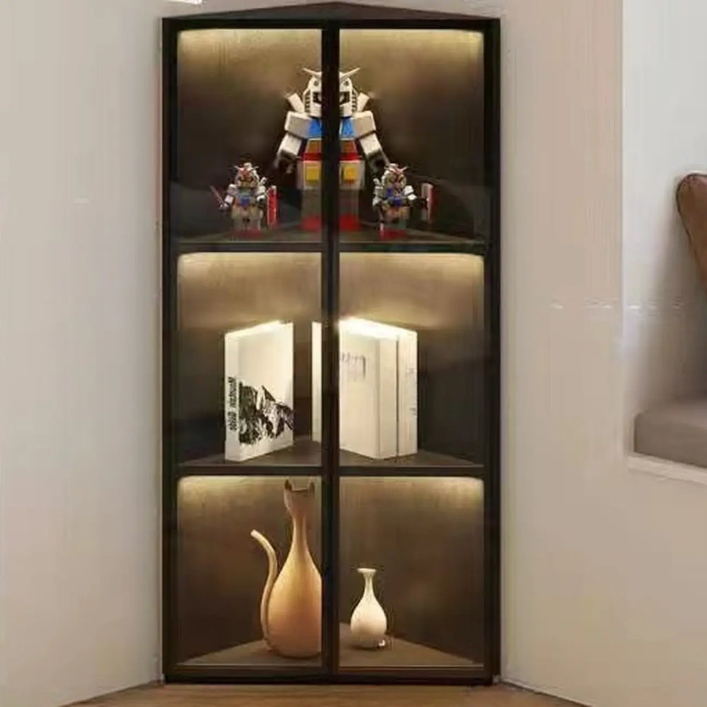 Vitrine d'angle moderne en métal et bois gris avec porte vitrée