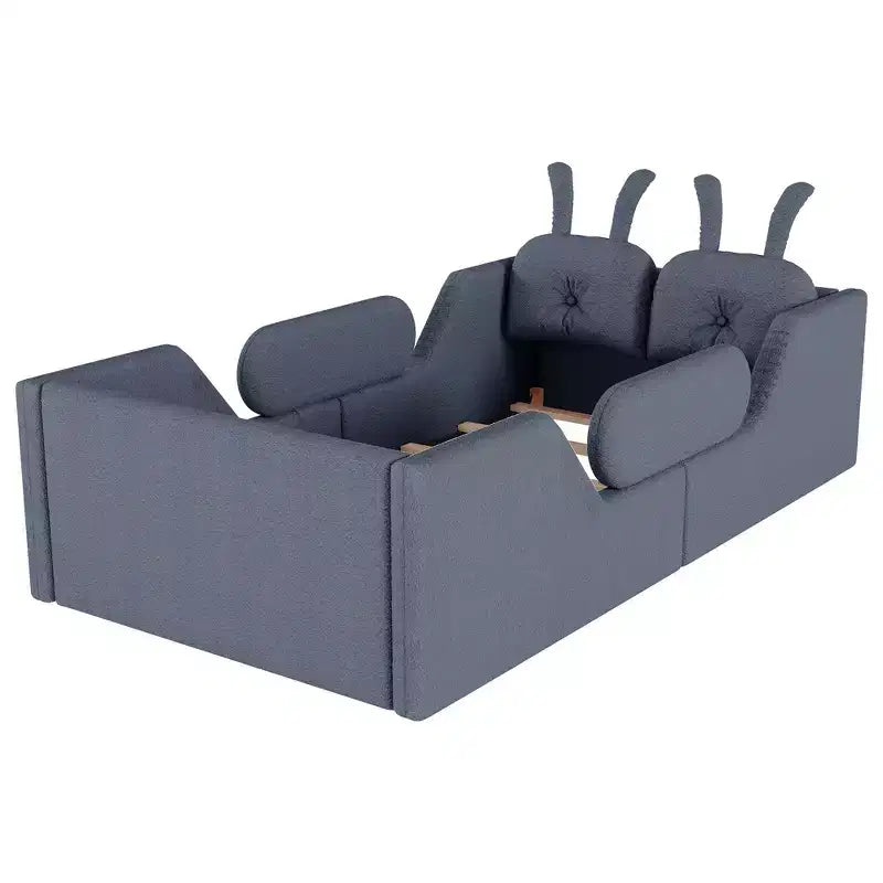 Lit plateforme simple Whisen, cadre de lit rembourré pour enfant au ras du sol avec coussin lapin et barrières latérales amovibles