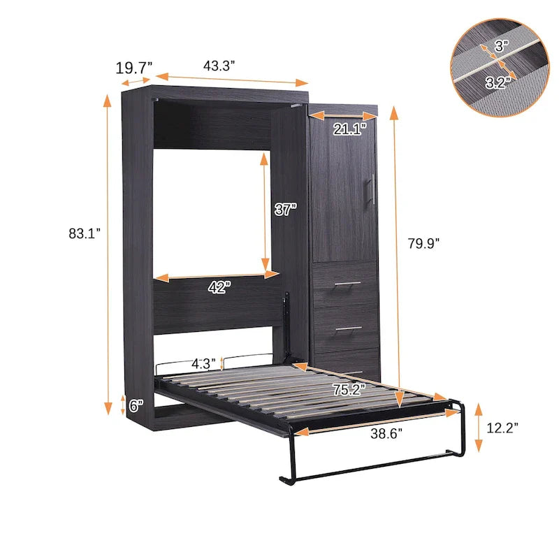Grijs opklapbaar wandbed met kledingkast en 3 laden, tweepersoonsbed/eenpersoonsbed, voor 1 persoon