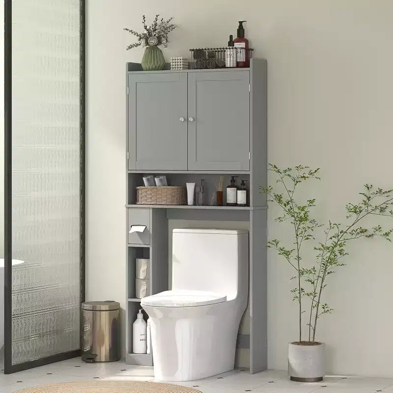 HOMCOM opbergkast boven het toilet, moderne badkamerorganizer met 2 deuren, toiletrolhouder en vrijstaand ruimtebesparend ontwerp