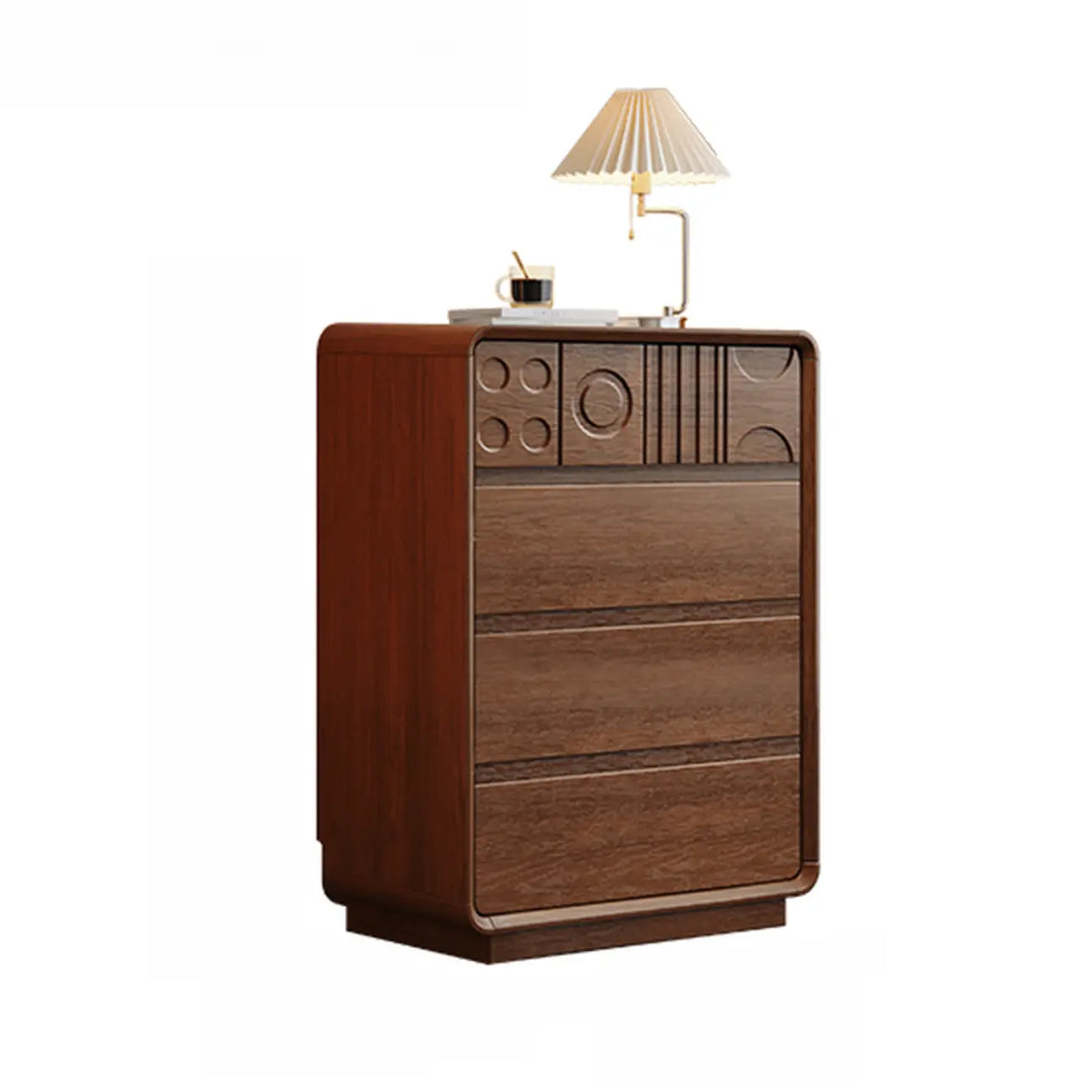 Houten ladekast geïnspireerd op art deco, met geometrisch snijwerk