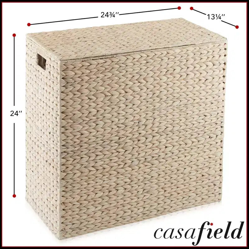 Casafield Wäschekorb mit 2 Fächern, Deckel und herausnehmbaren Wäschesäcken, geflochtener Wäschekorb aus Wasserhyazinthe zum Sortieren von Kleidung