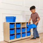 Meuble mobile à casiers avec plateau et 15 bacs à façade incurvée, 3x4, mobilier pour enfants