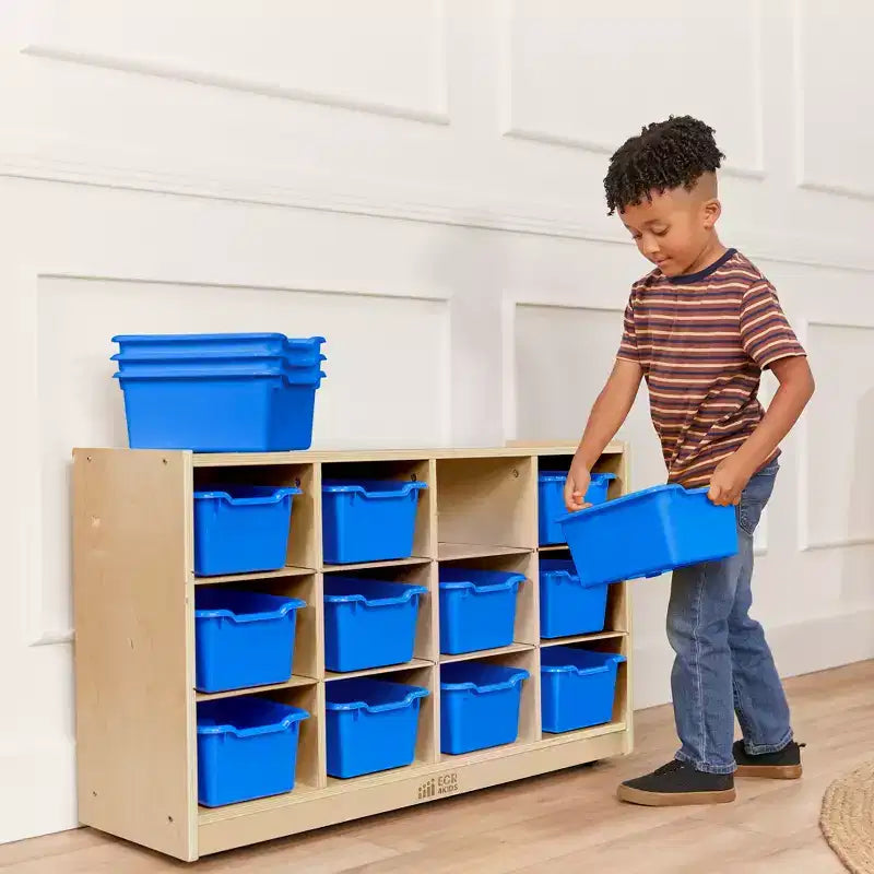 Meuble mobile à casiers avec plateau et 15 bacs à façade incurvée, 3x4, mobilier pour enfants