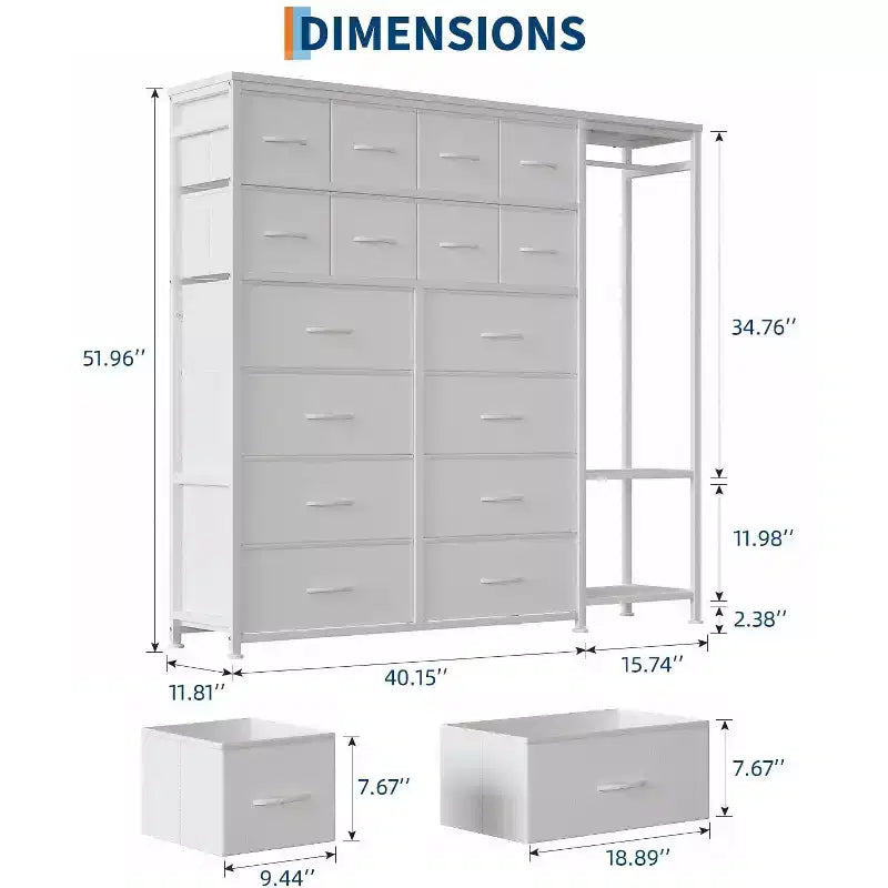 Kommode mit 16 Schubladen, Kleiderstange und Regalen, Stoff-Aufbewahrungsorganizer für Schlafzimmer, Kleiderschrank oder Eingangsbereich