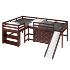 Doppeltes Schlafzimmer-Set mit zwei L-förmig angeordneten Hochbetten und Rutsche in dunklem Cappuccino