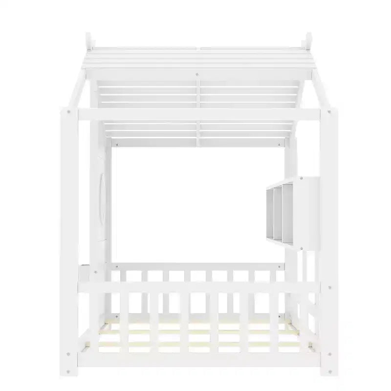 Eenpersoons-/tweepersoonsbed in huisvorm met platformbedframe, peuterbed op de vloer, Montessori-bed voor kinderen, speelhuisbed met opbergplank - ModernLuxe