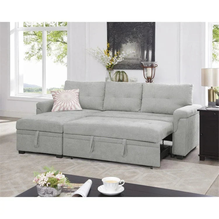 Canapé d’angle convertible et réversible avec lit escamotable, méridienne avec rangement dissimulé et pieds robustes