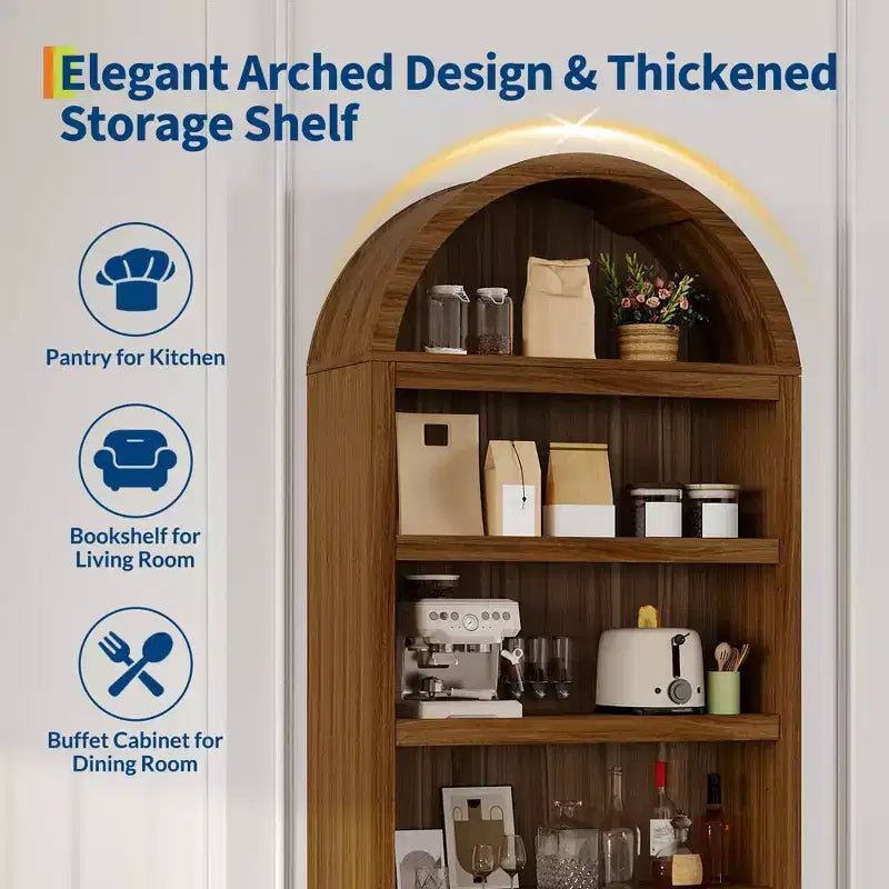 Bibliothèque arquée de 72 pouces avec tiroir de rangement, meuble vitrine moderne en bois à 6 niveaux avec étagères ouvertes et tiroir inférieur, porte d’armoire incurvée